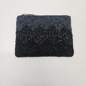 Y2K Vintage Beaded Black Blue Change Purse Zip Wallet 5"x 3 1/2" Glam Whimsigoth